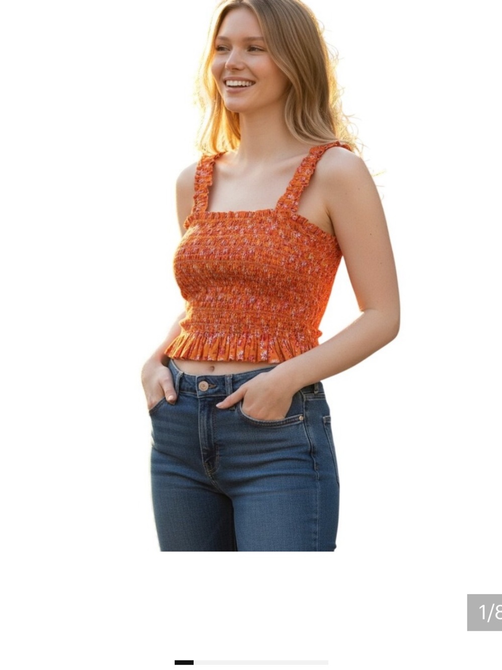 WAYF Orange Floral Smocked Ruffle Strap Peplum Top XS